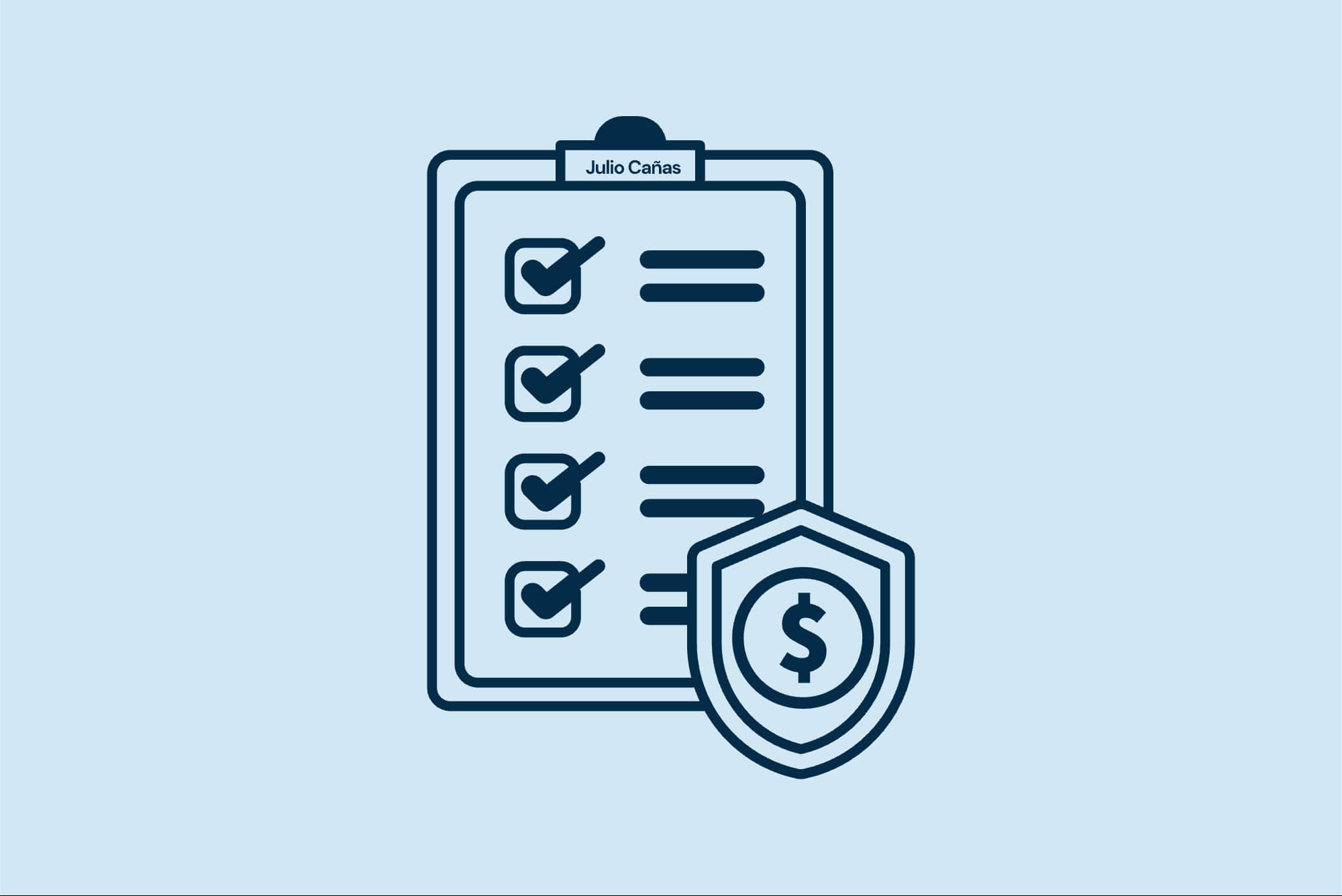 Lista de verificación con escudo financiero, simbolizando control de costos en agencias de seguros