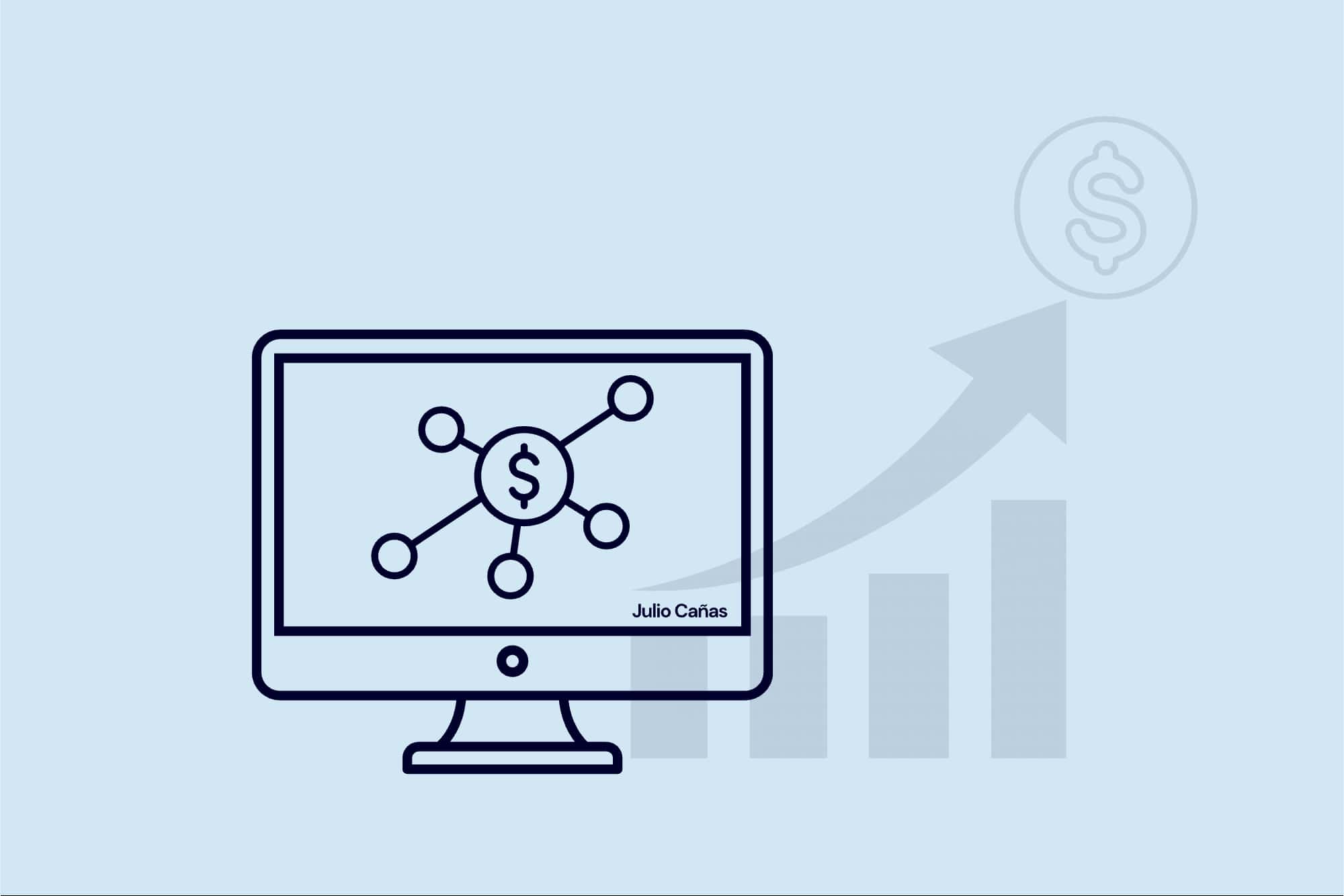Ilustración de diversificación de ingresos en negocios de seguros, con gráfico de computadora y flecha de crecimiento