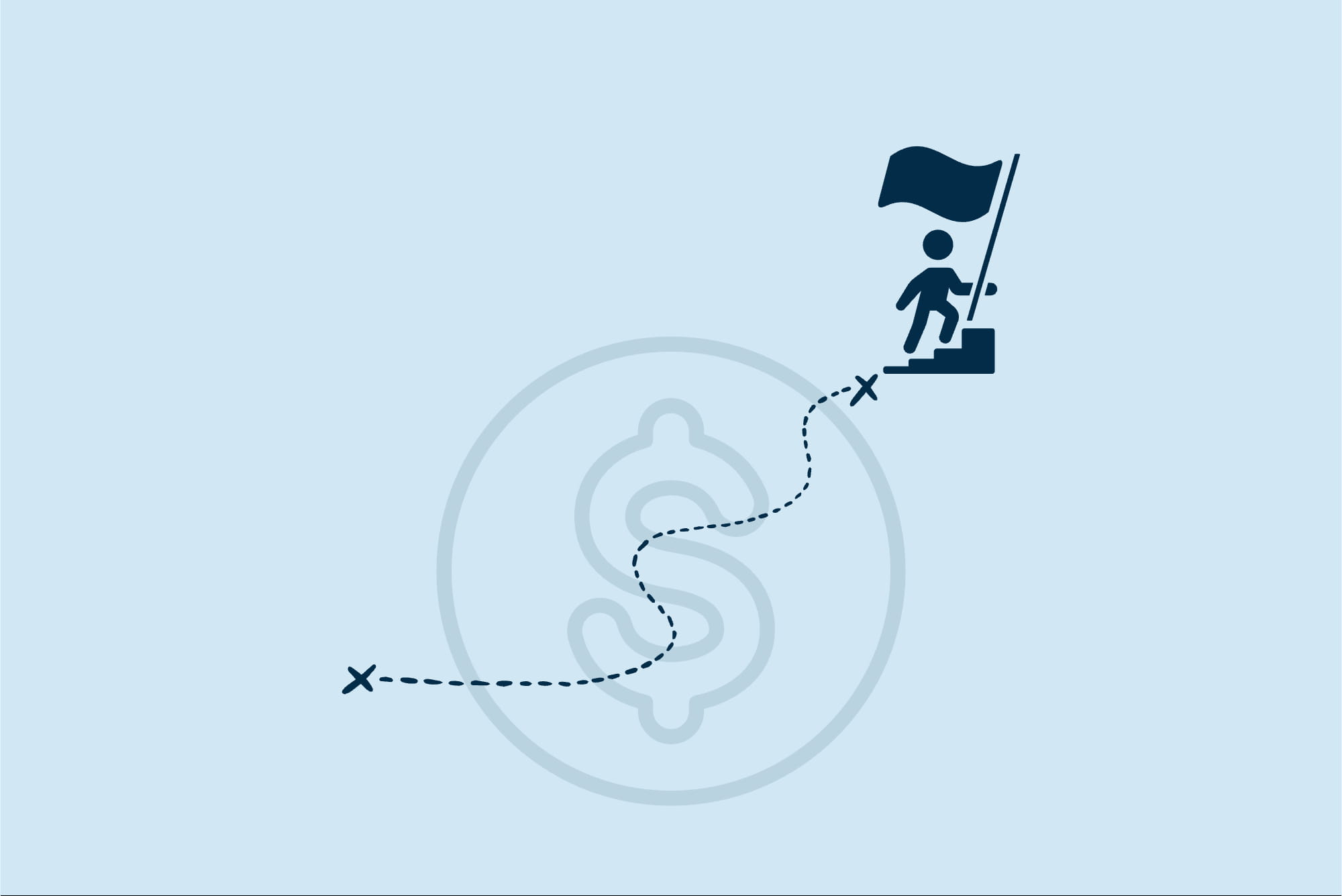 Ruta al crecimiento financiero: camino con hitos que cruza un símbolo de dólar hasta una meta con bandera.